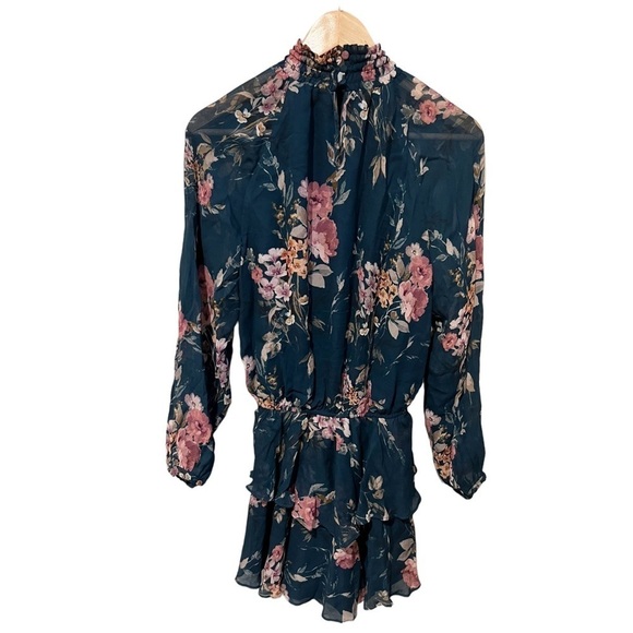 Yumi Kim Class Act Floral Dress Sheer Sleeves High Neck Ruffle Hem Size Medium - Picture 10 of 12
